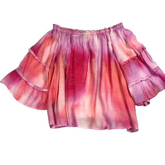 Zac & Rachel Blouse 2X Ruffle 3/4 Sleeve Boho White Orange Pink Pastel Tie Dye - Picture 3 of 10